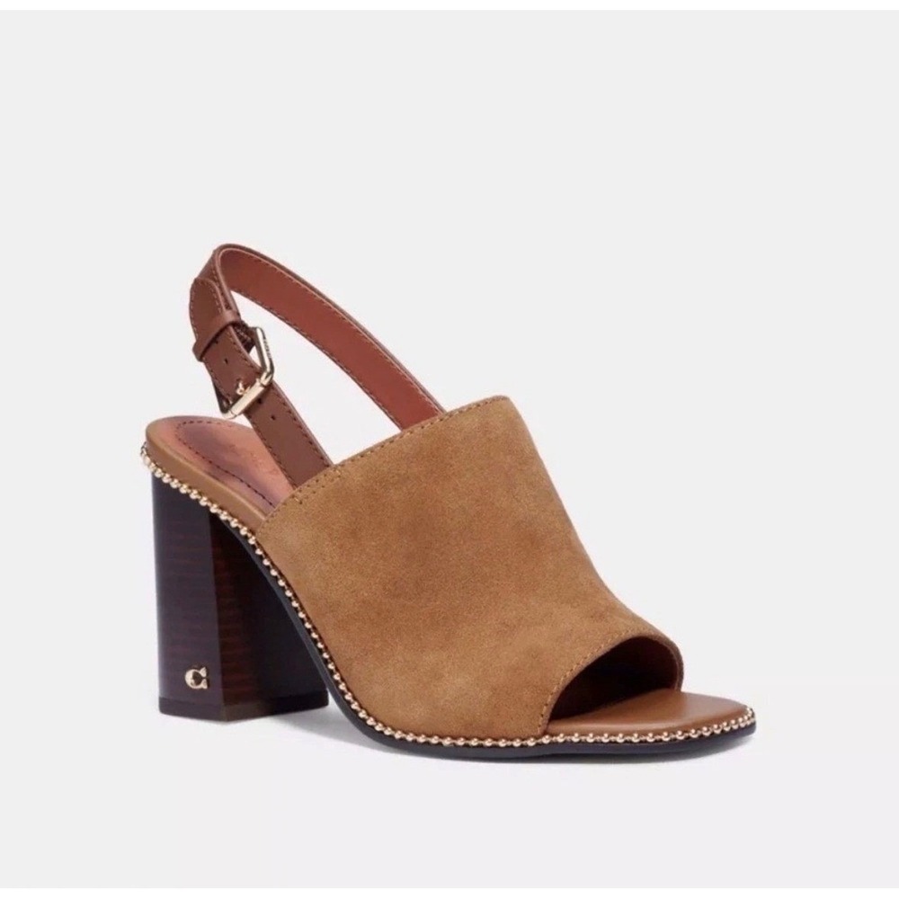 Coach Suede Block Heel Sandals Tan Brown Slingback Beaded Trim Womens Size 5.5